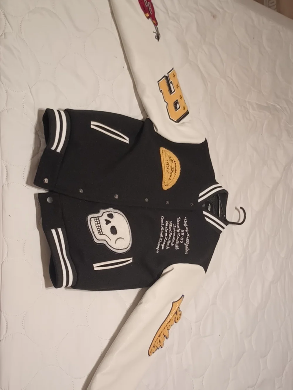 Black & White Kids Varsity Jacket with Yellow Patch Accents